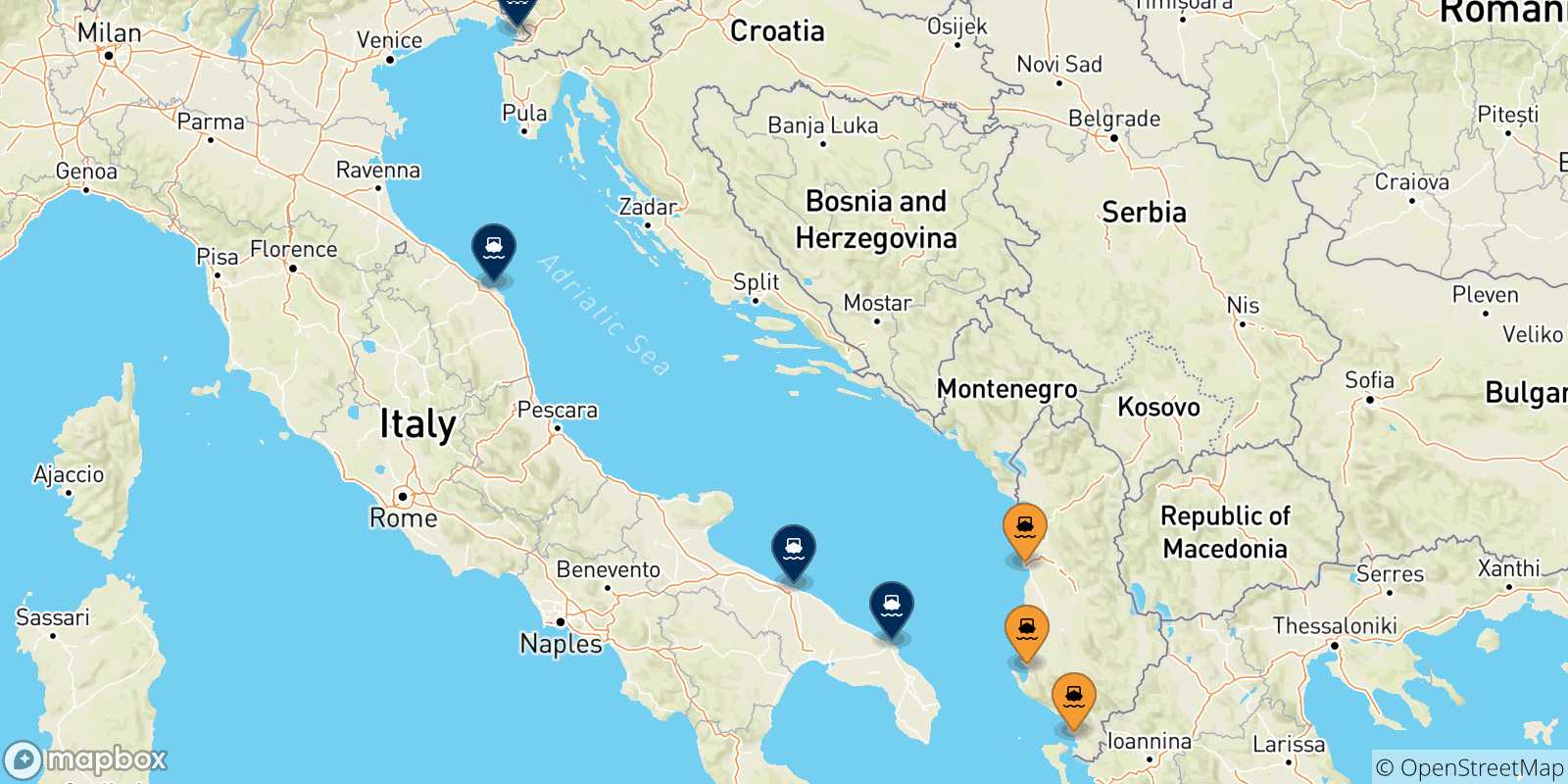 Mappa delle possibili rotte tra l'Albania e l'Italia