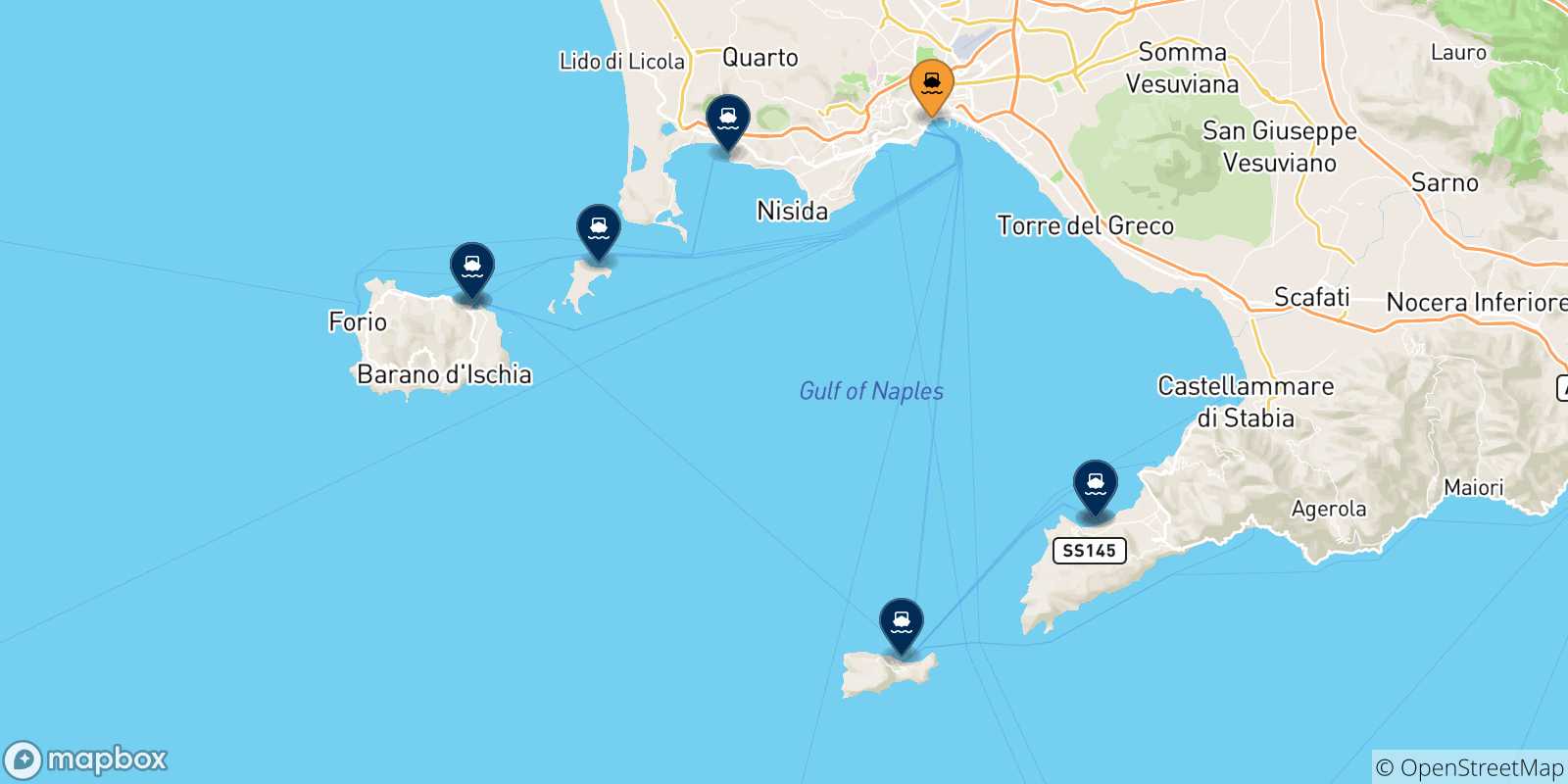 Mappa delle possibili rotte tra Napoli Beverello e l'Italia