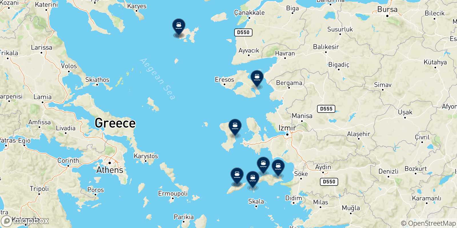 Mappa delle possibili rotte tra Mirina (Limnos) e le Isole Egeo Nord Orientale