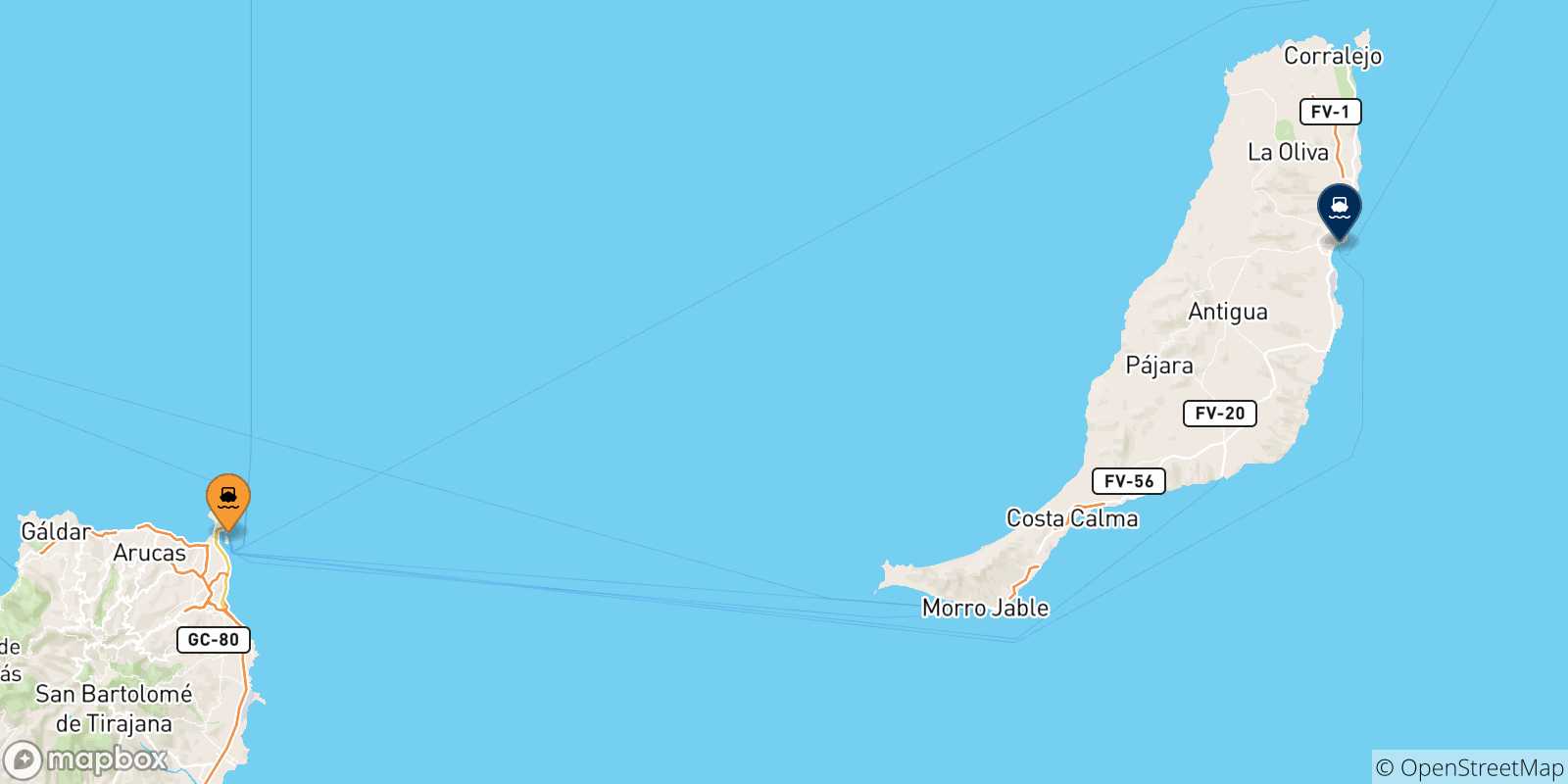 Mappa delle possibili rotte tra la Spagna e Puerto Del Rosario (Fuerteventura)