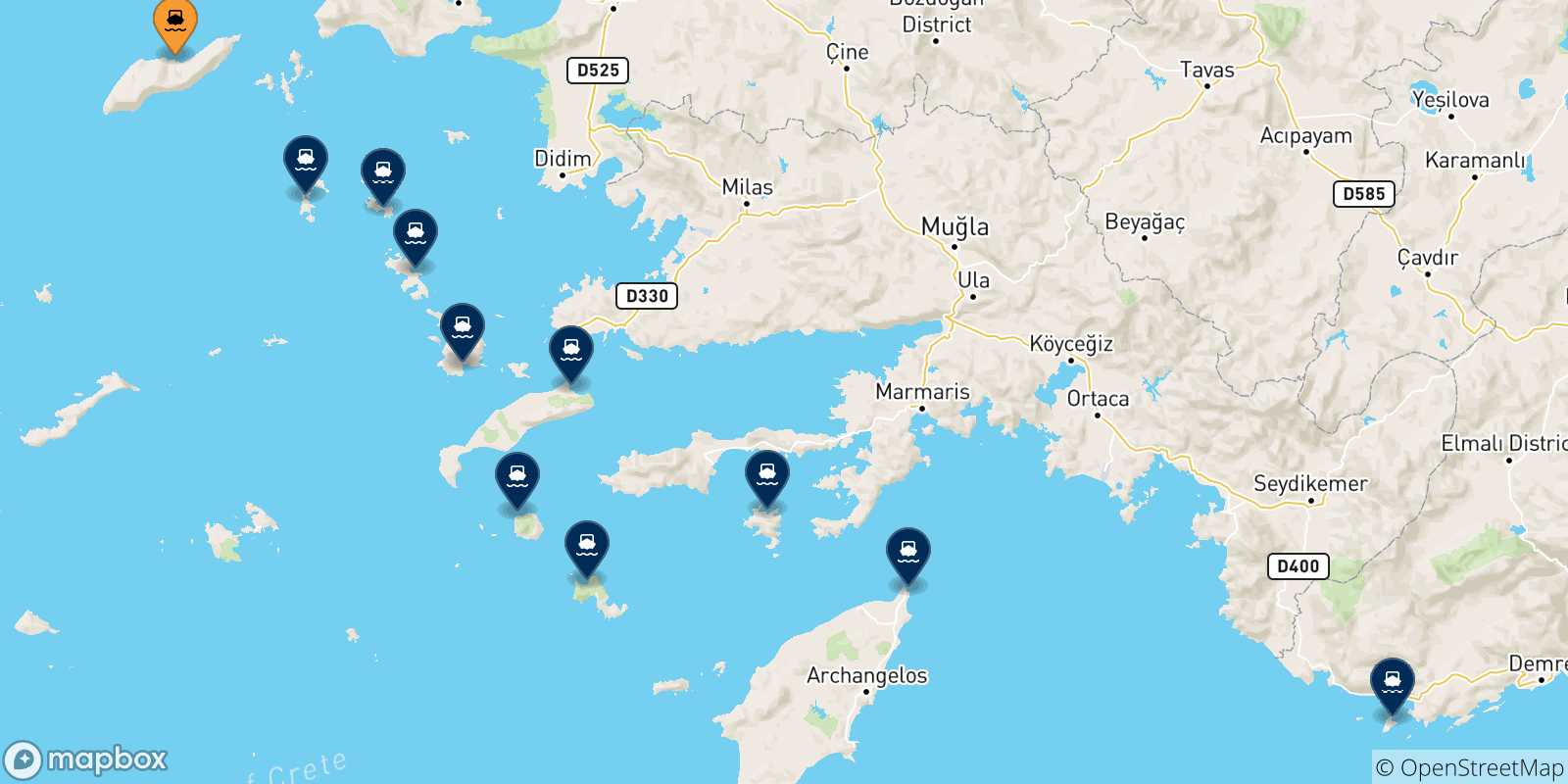 Mappa delle possibili rotte tra Agios Kirikos (Ikaria) e le Isole Dodecaneso