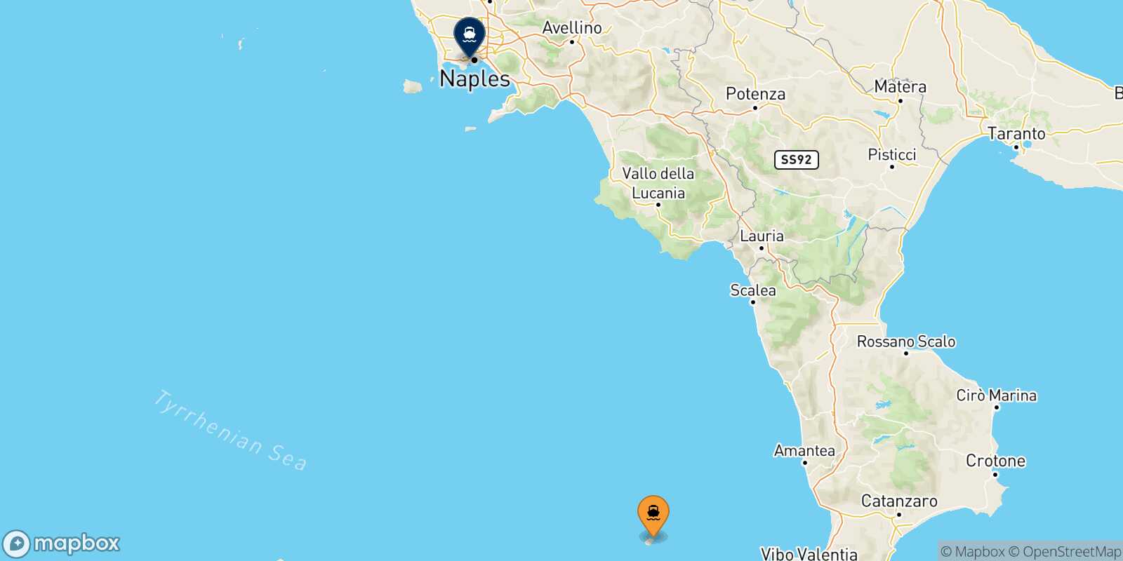 Mappa della rotta Stromboli Napoli Mergellina