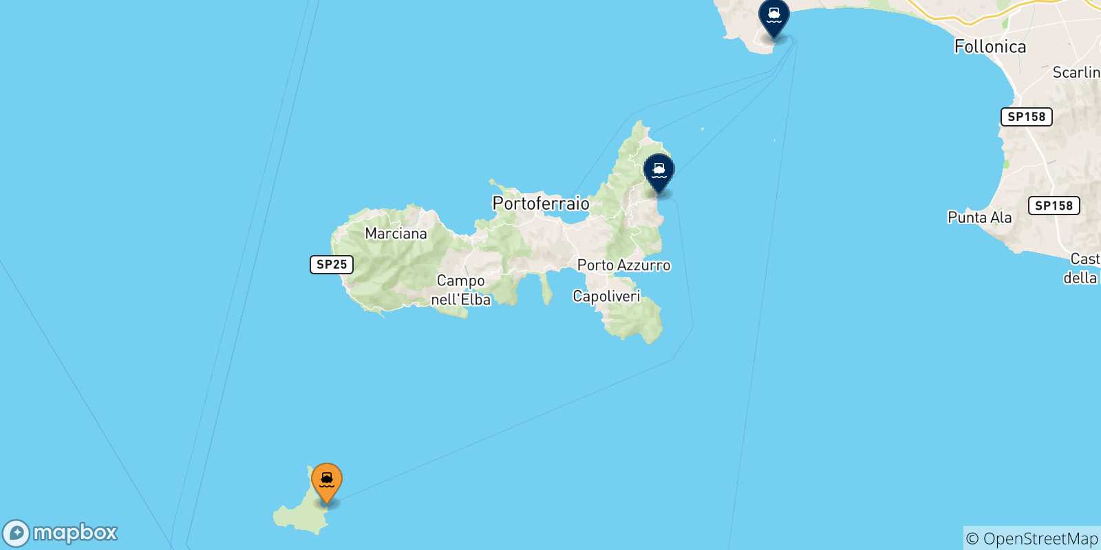 Mappa delle possibili rotte tra l'Isola Di Pianosa e l'Italia