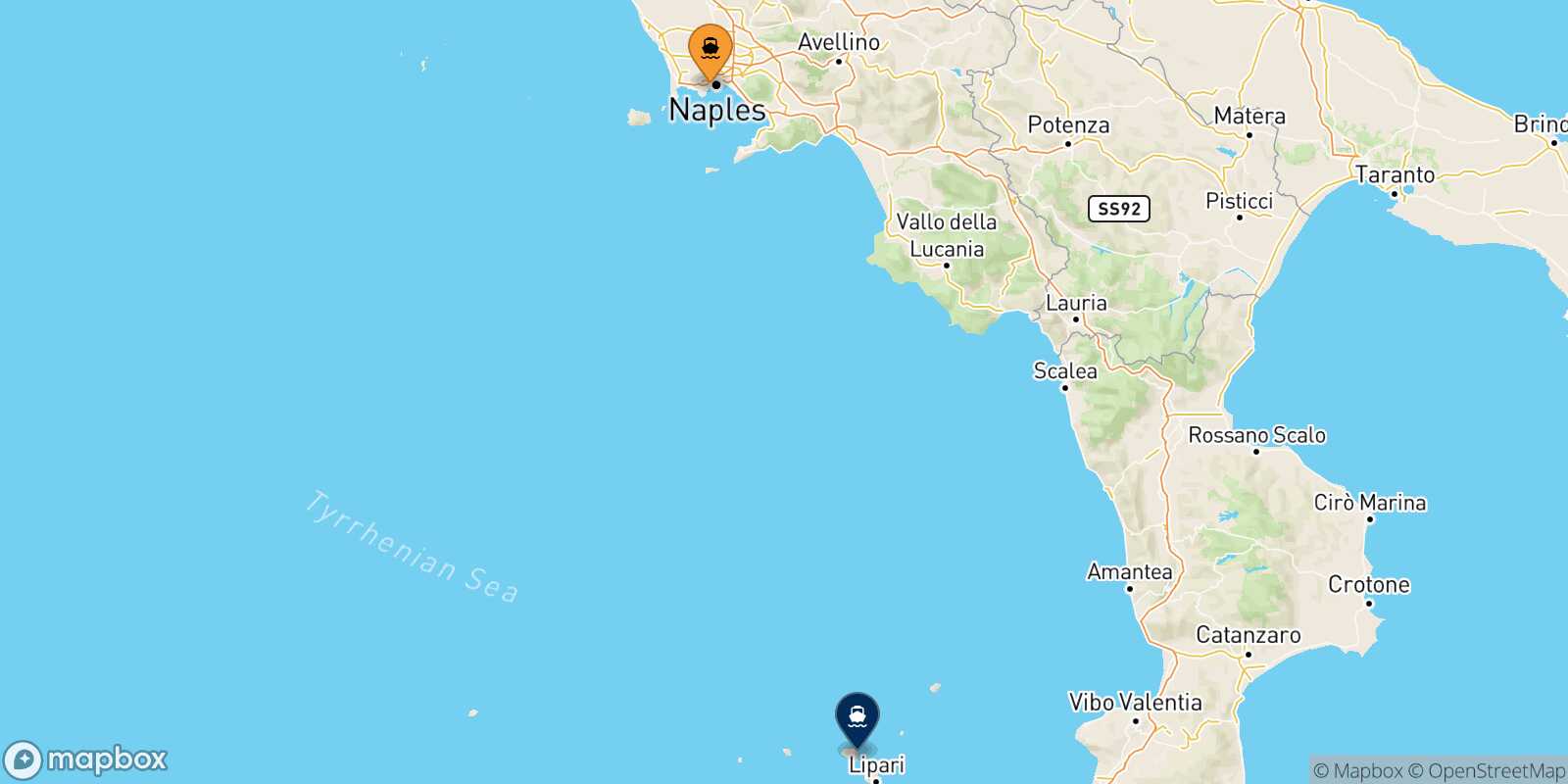 Mappa della rotta Napoli Mergellina Santa Marina (Salina)