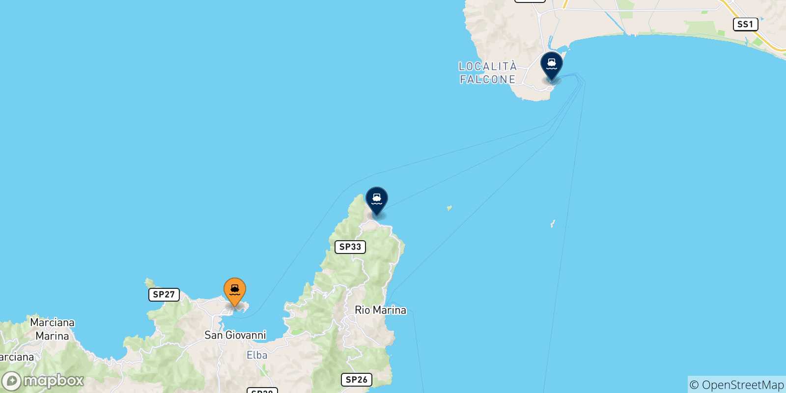 Mappa delle possibili rotte tra Portoferraio e l'Italia