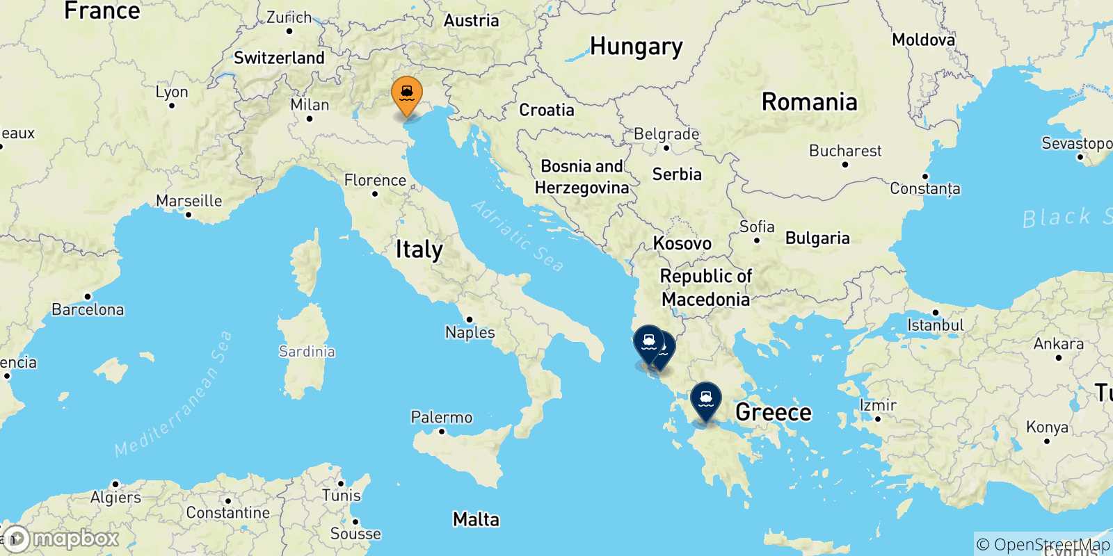 Mappa delle possibili rotte tra Venezia e la Grecia