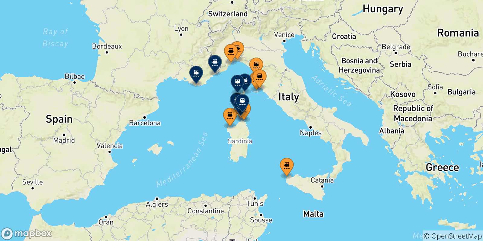 Mappa delle possibili rotte tra l'Italia e la Francia