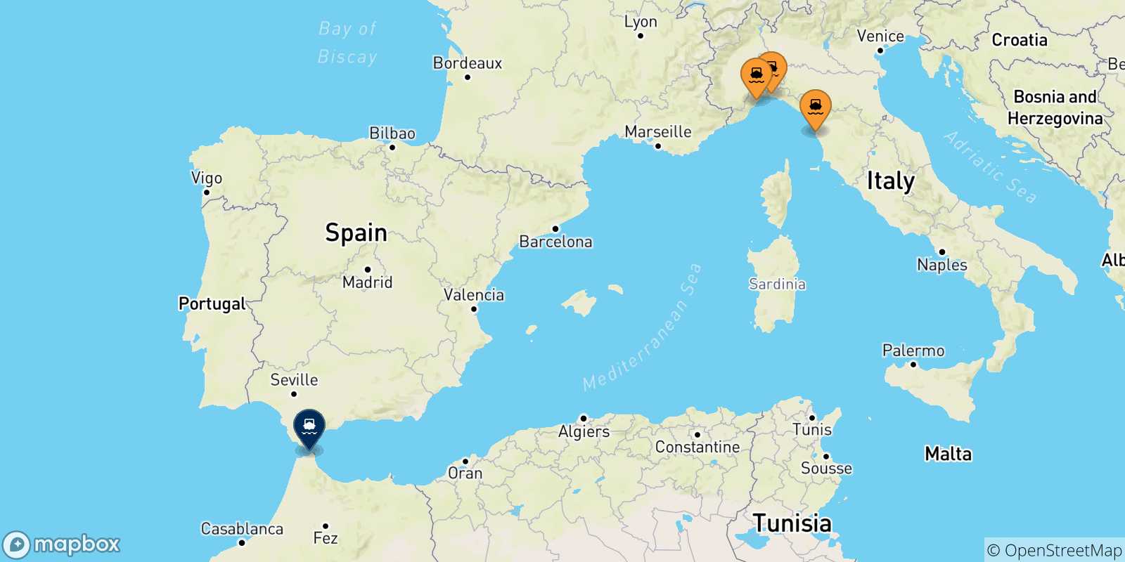 Mappa delle possibili rotte tra l'Italia e Tangeri Med