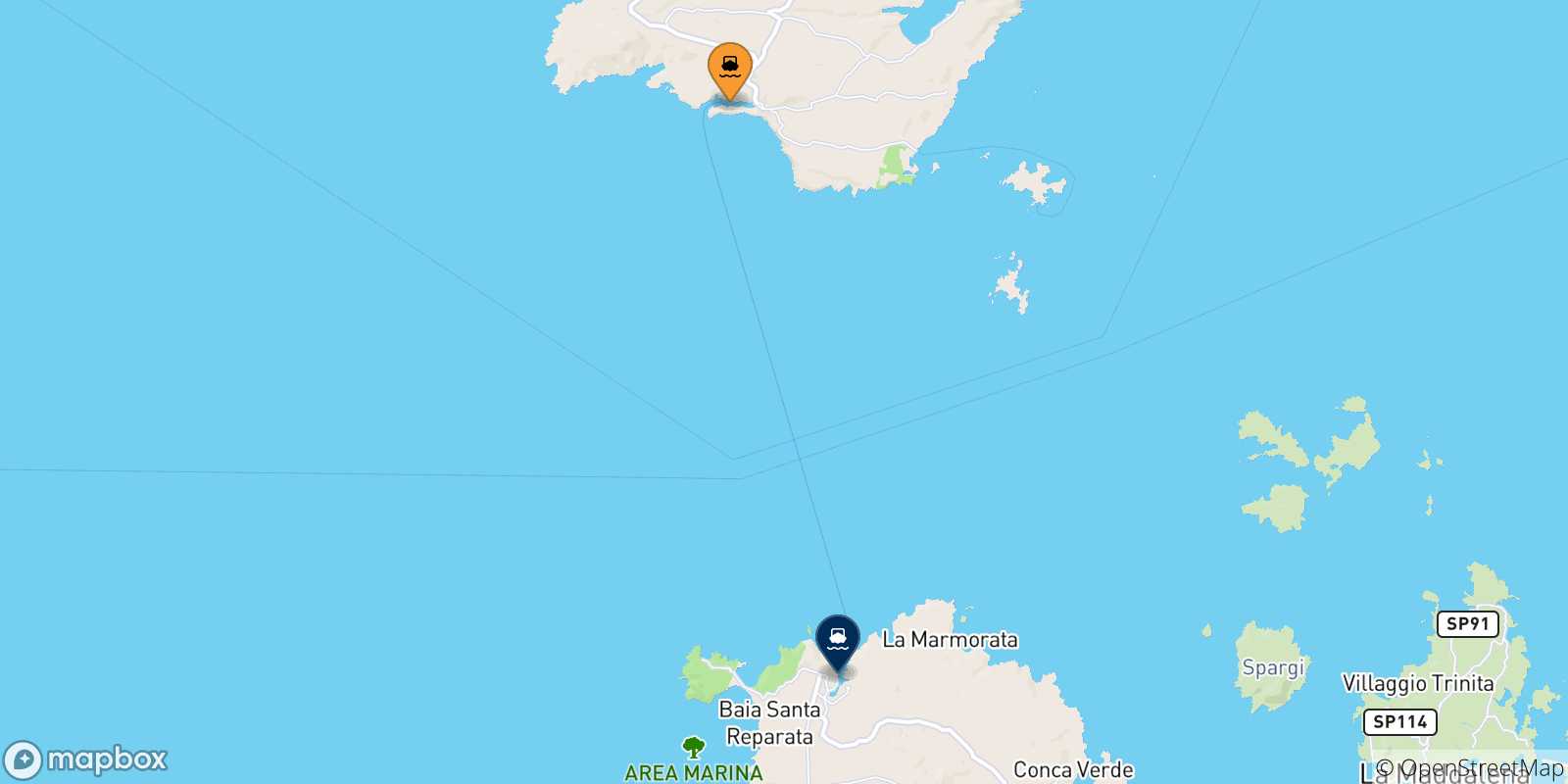 Mappa delle possibili rotte tra la Corsica e Santa Teresa Di Gallura