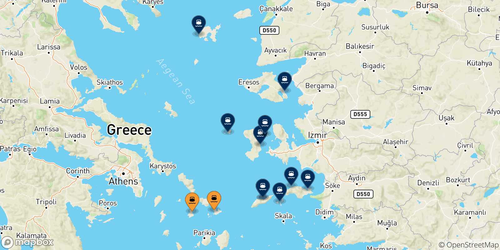 Mappa delle possibili rotte tra le Isole Cicladi e le Isole Egeo Nord Orientale