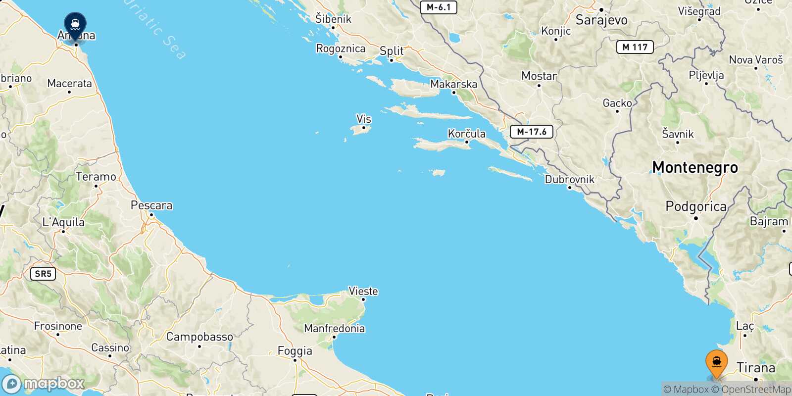 Mappa della rotta Durazzo Ancona