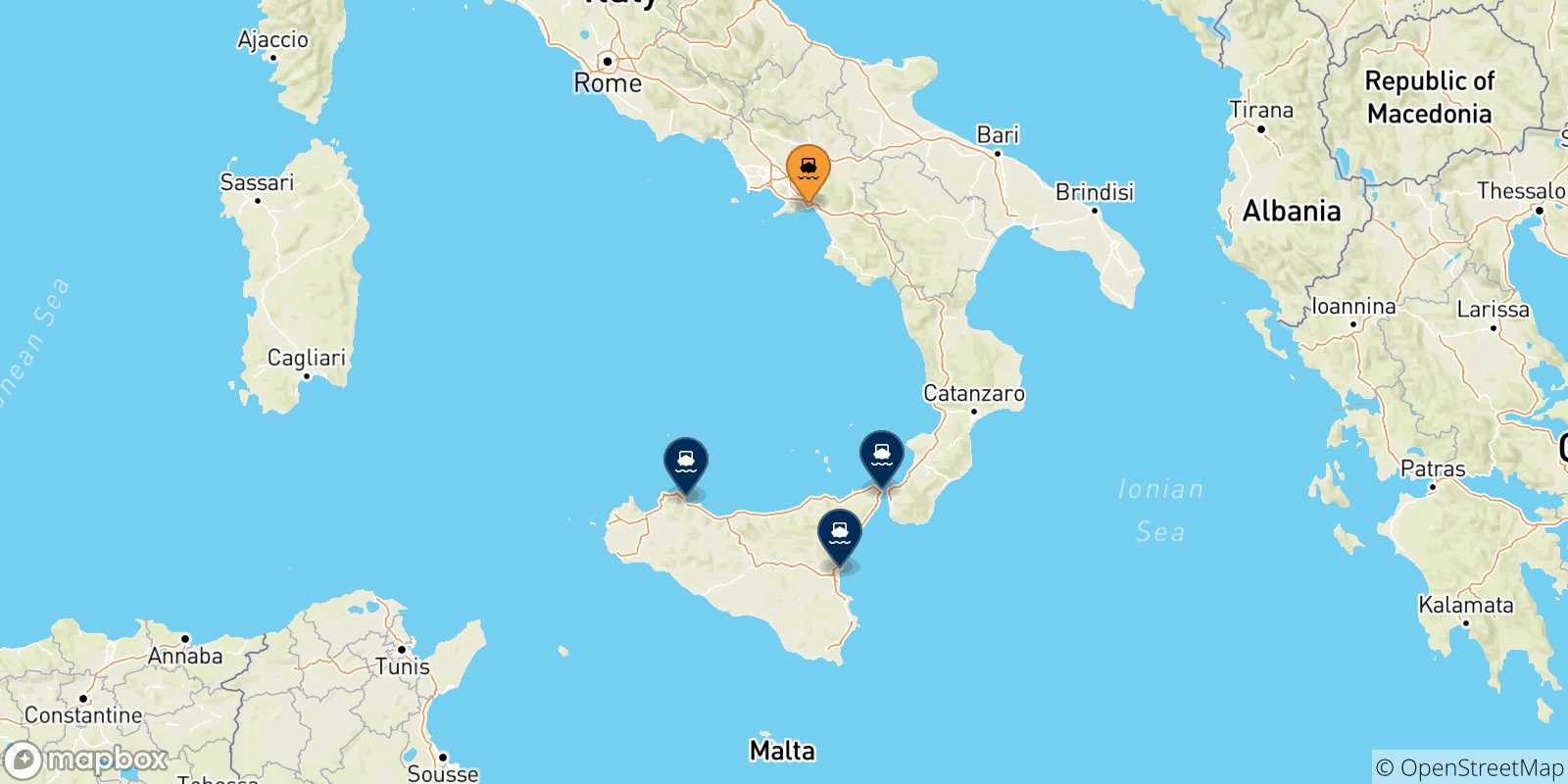 Mappa delle possibili rotte tra Salerno e l'Italia