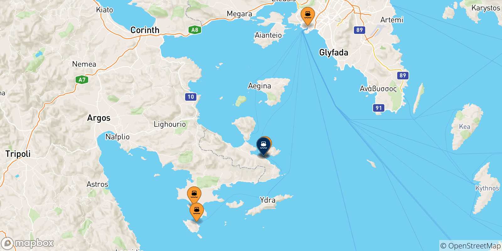 Mappa delle possibili rotte tra la Grecia e Hydra
