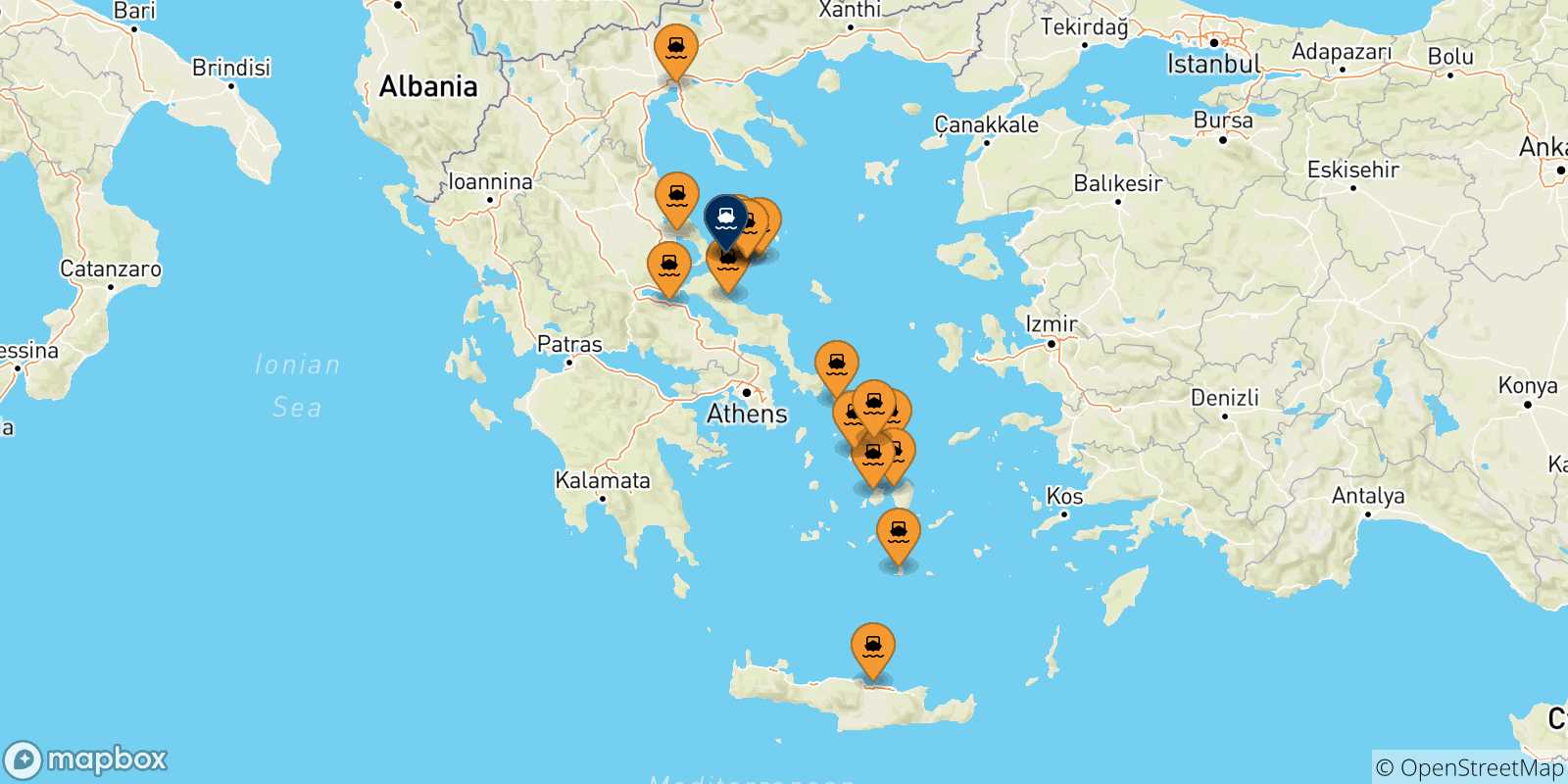 Mappa delle possibili rotte tra la Grecia e Skiathos
