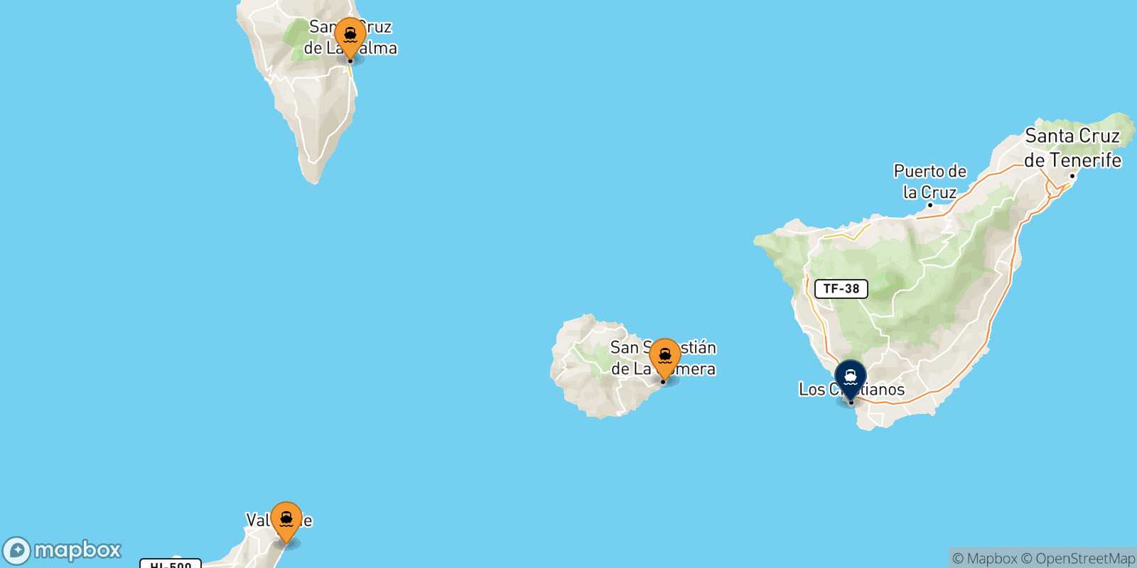 Mappa dei porti collegati con  Los Cristianos (Tenerife)