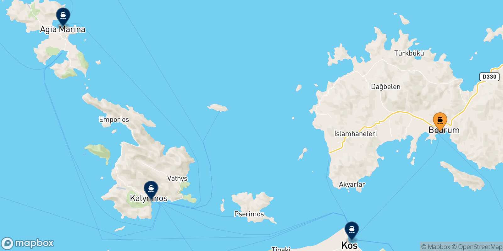 Mappa delle destinazioni raggiungibili da Turgutreis