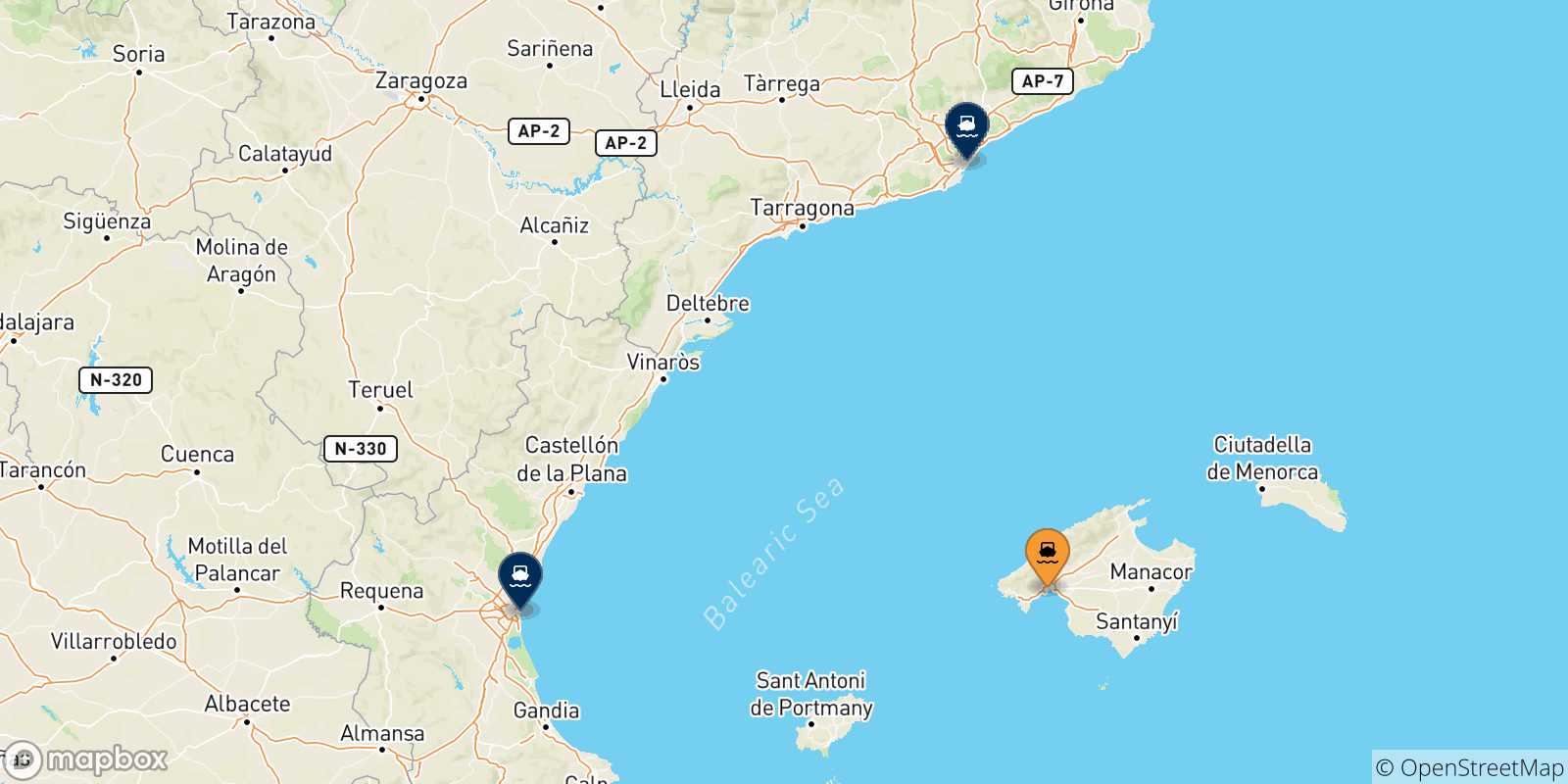 Mappa delle possibili rotte tra Palma Di Maiorca e la Spagna