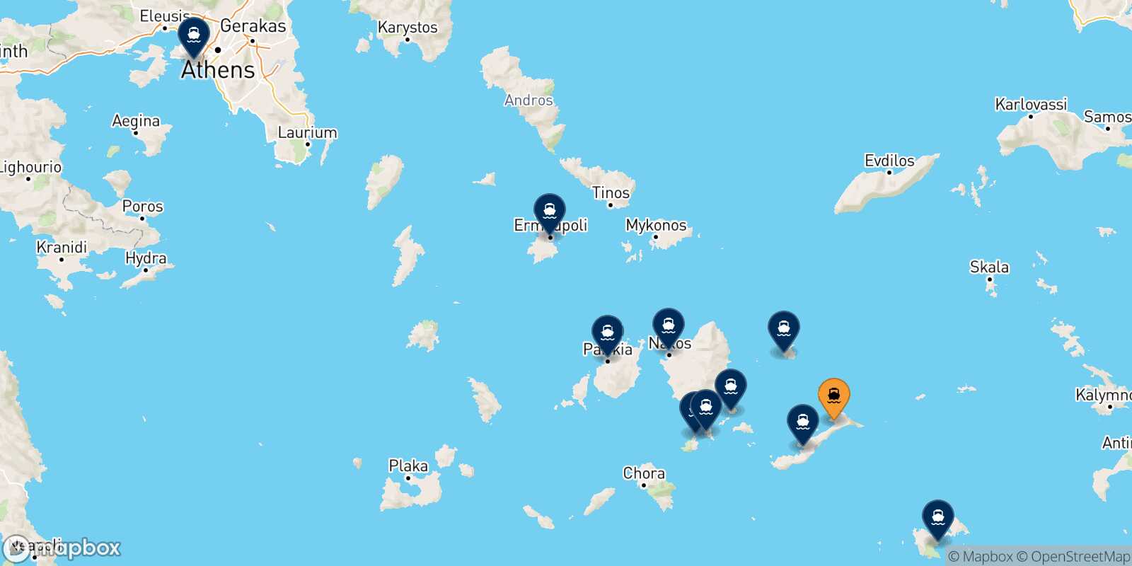 Mappa delle destinazioni raggiungibili da Aegiali (Amorgos)