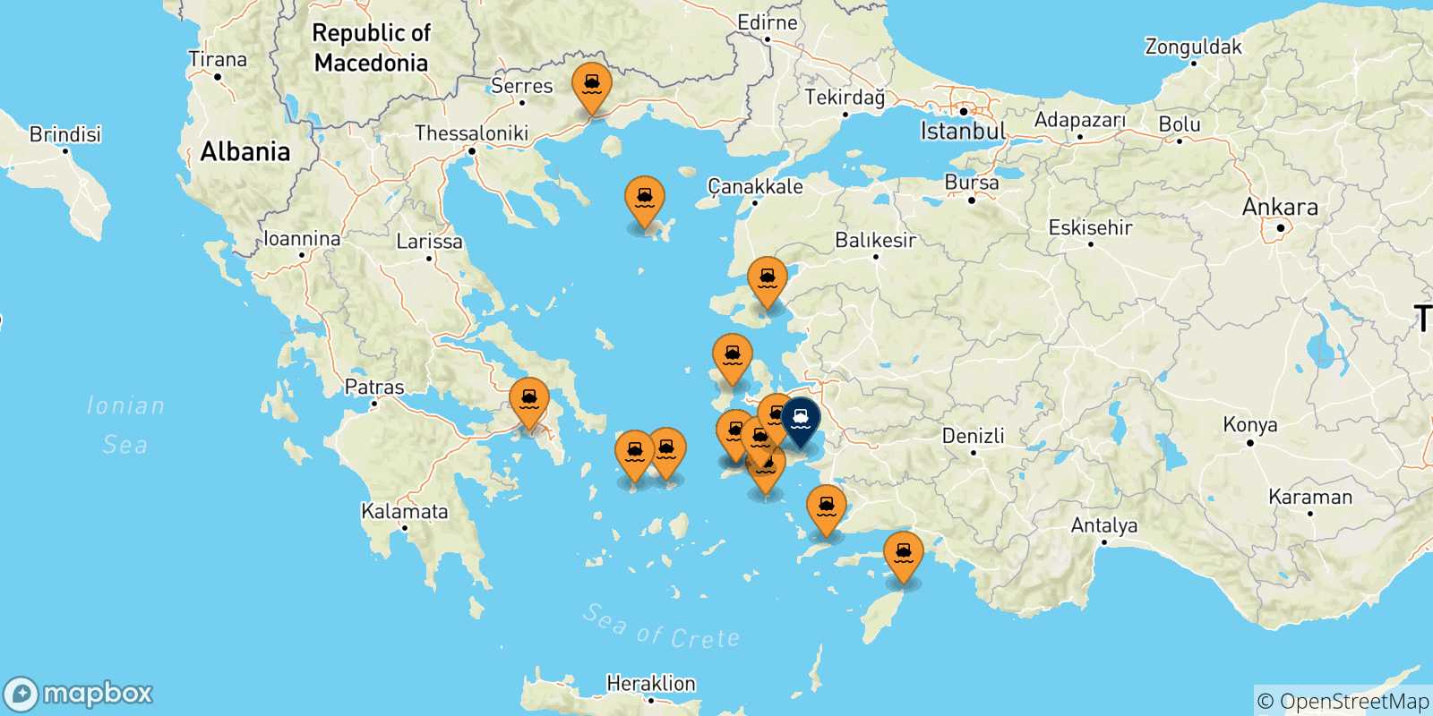 Mappa delle possibili rotte tra la Grecia e Vathi (Samos)