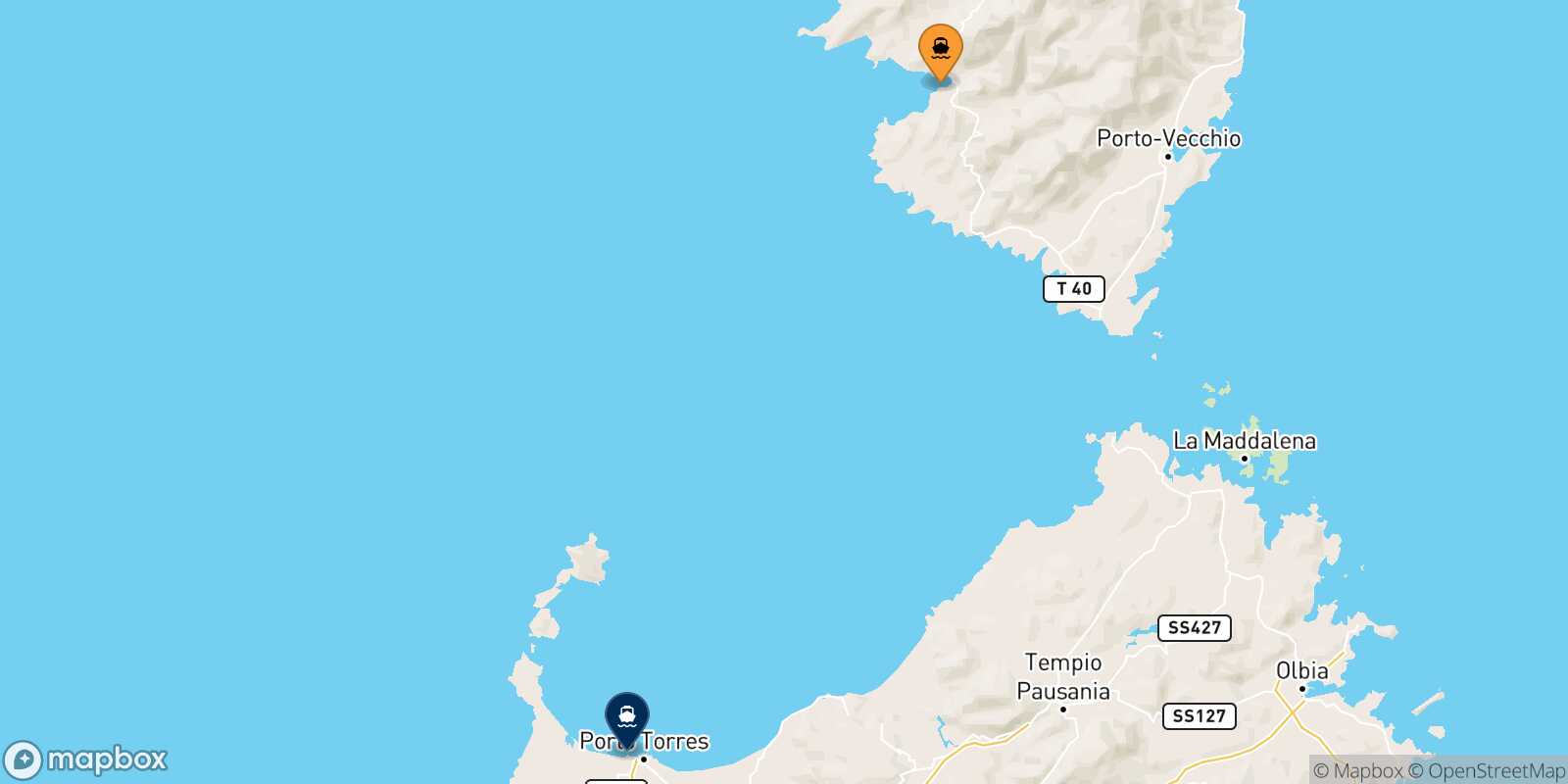 Mappa della rotta Ajaccio Porto Torres