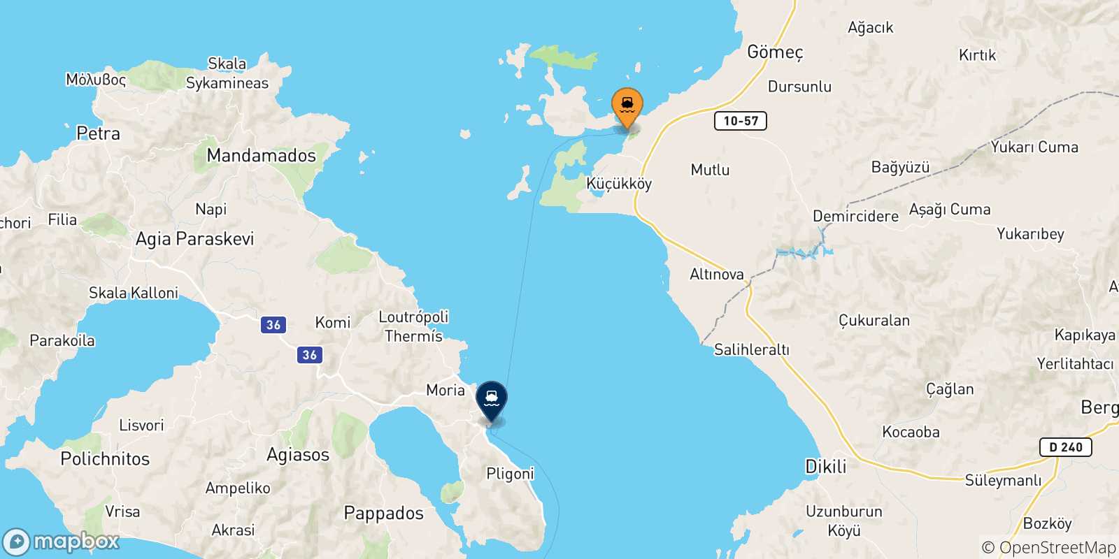 Mappa delle possibili rotte tra Ayvalik e le Isole Egeo Nord Orientale