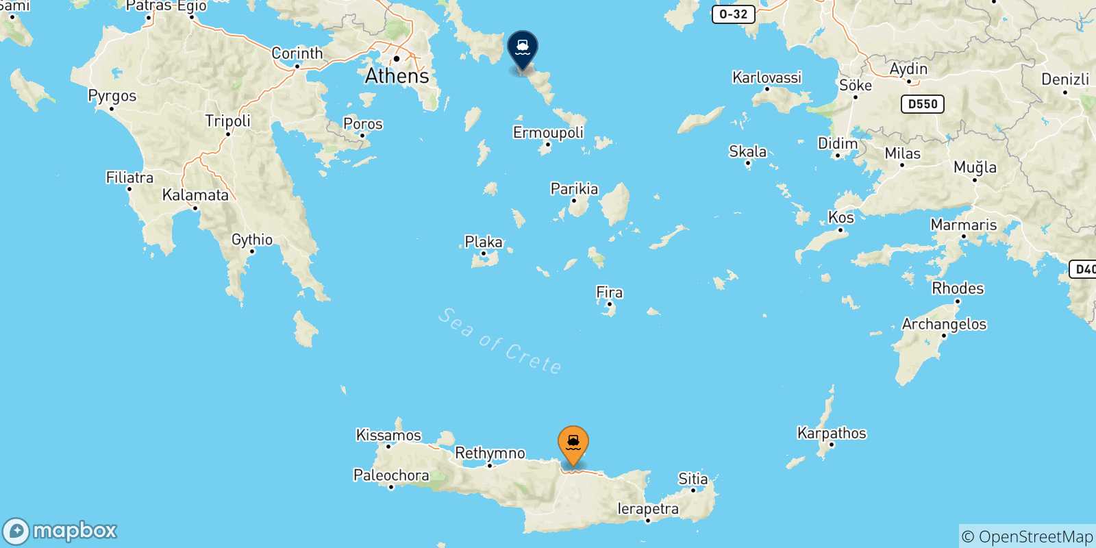 Mappa delle possibili rotte tra Creta e Andros