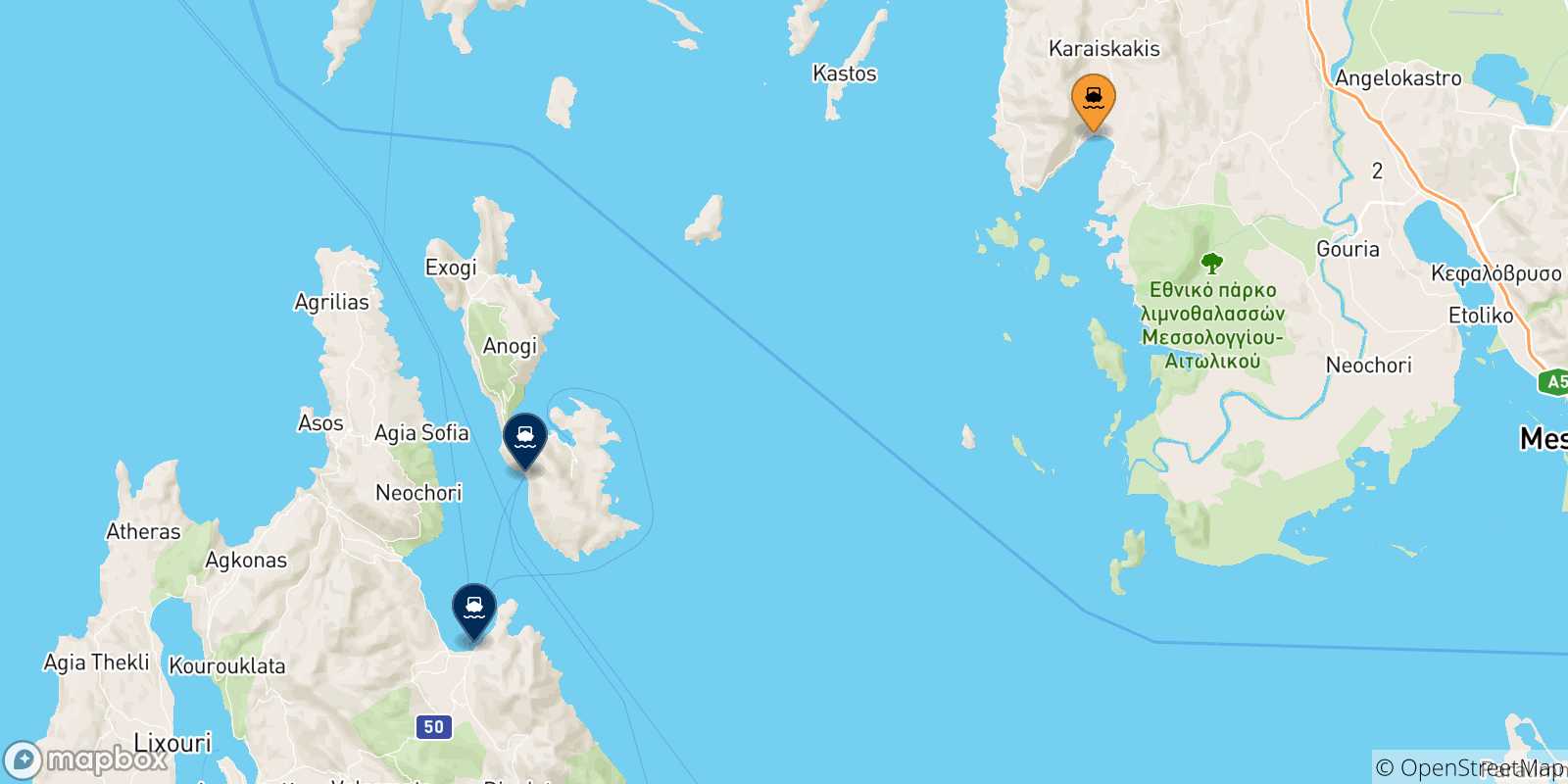 Mappa delle possibili rotte tra Astakos e le Isole Ionie