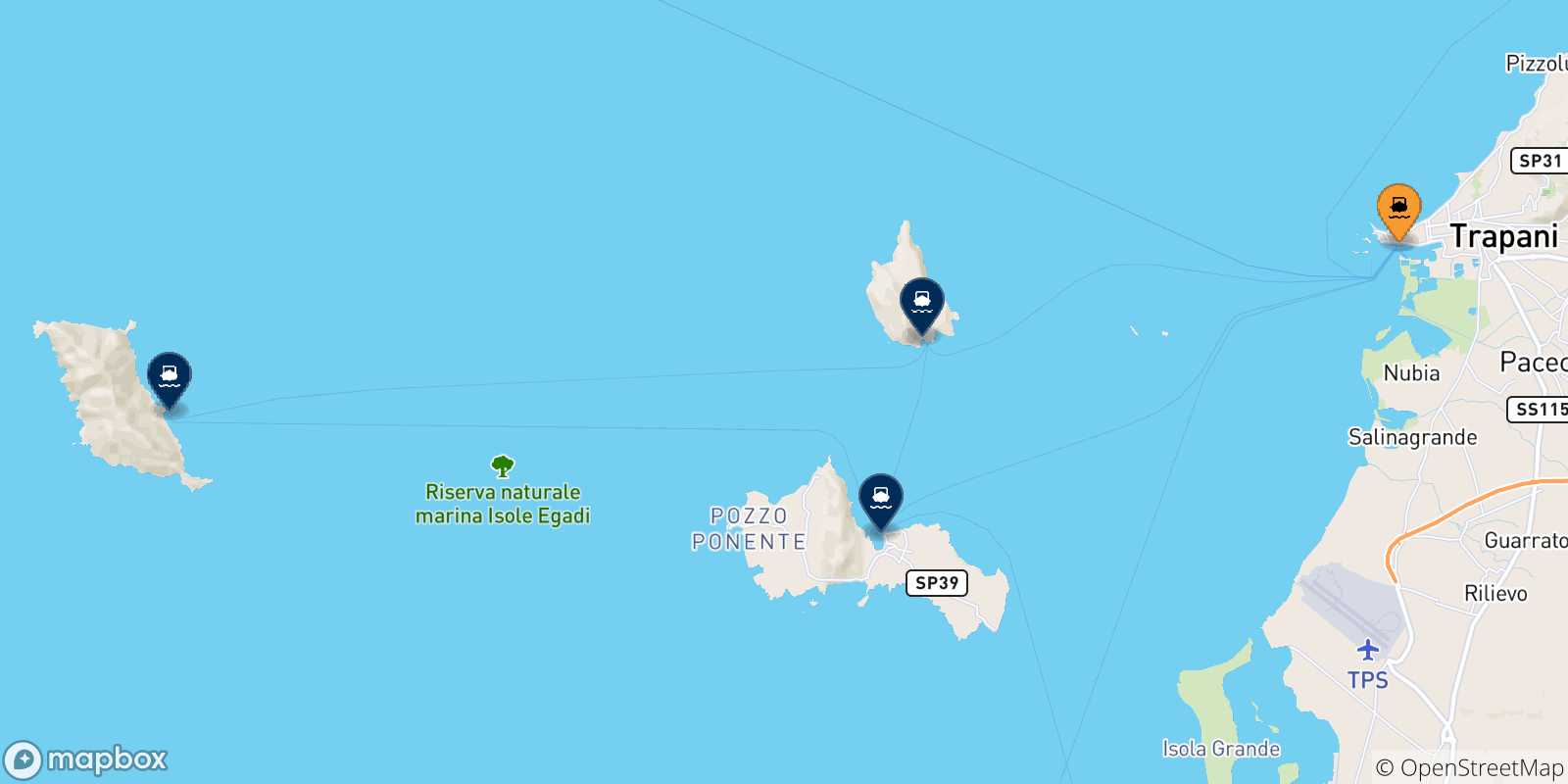 Mappa delle possibili rotte tra la Sicilia e le Isole Egadi