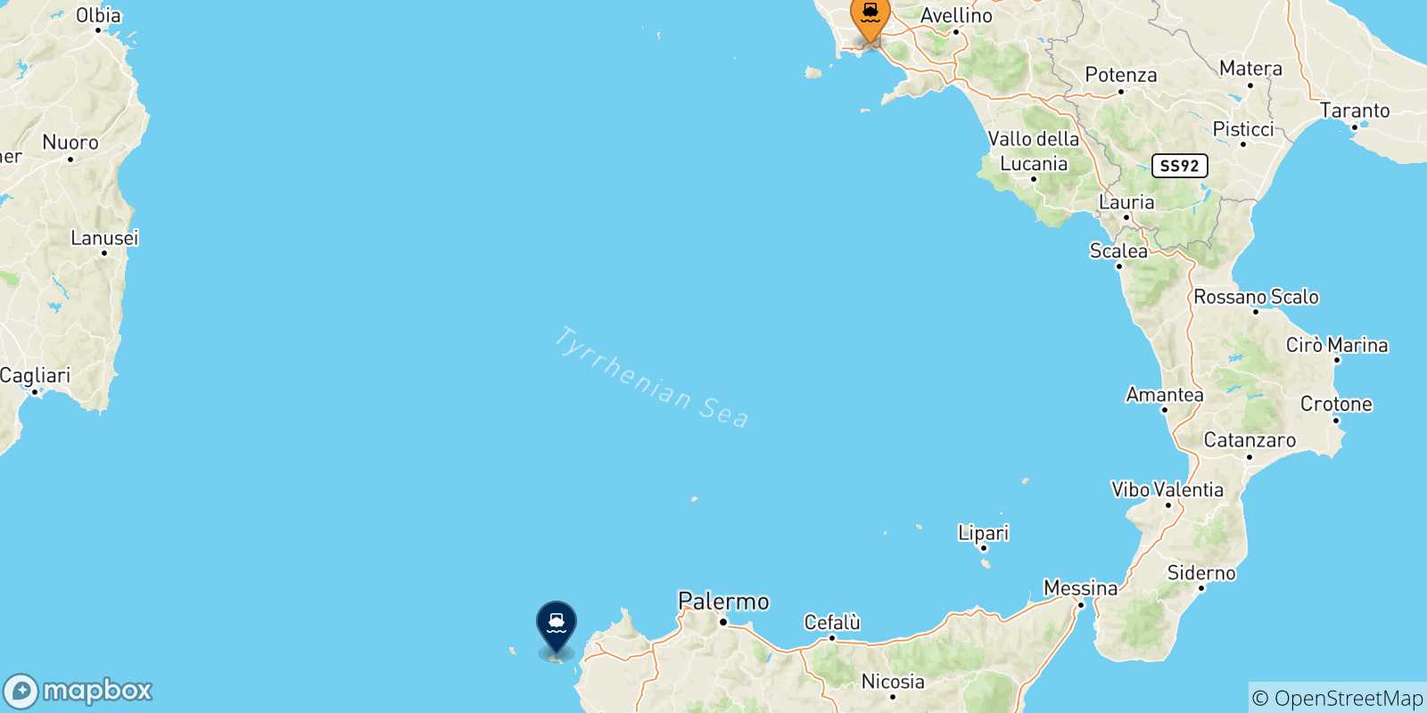Mappa delle possibili rotte tra Napoli Beverello e le Isole Egadi