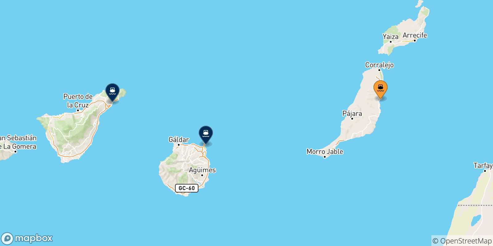 Mappa delle possibili rotte tra Puerto Del Rosario (Fuerteventura) e le Isole Canarie