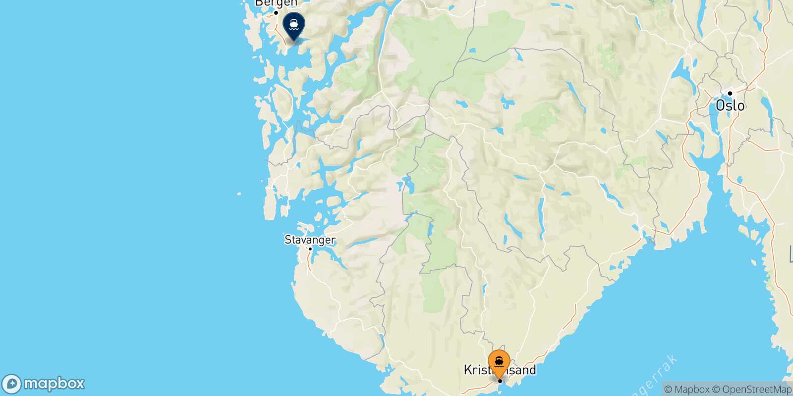 Mappa della rotta Kristiansand Bergen