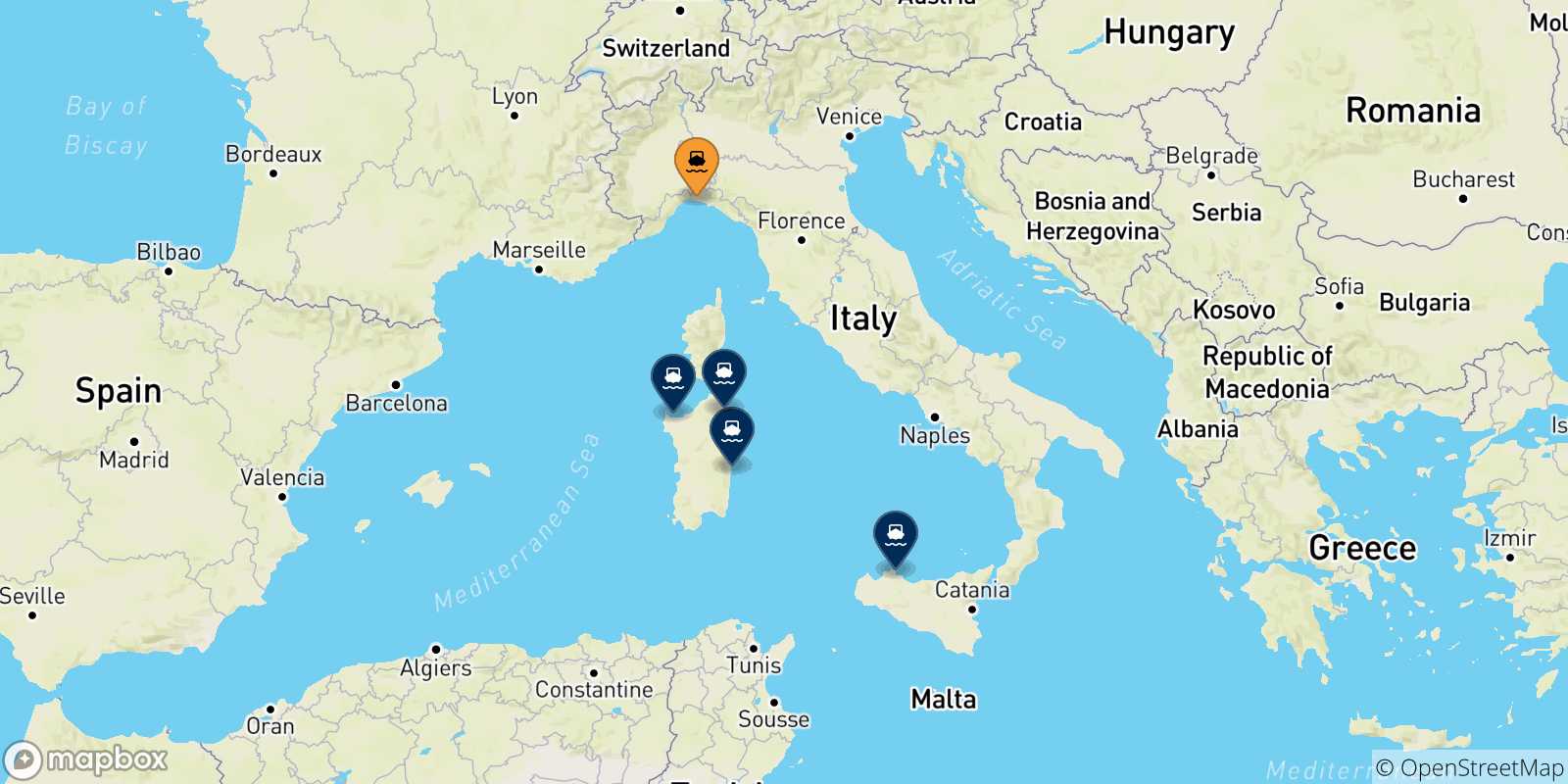 Mappa delle possibili rotte tra Genova e l'Italia