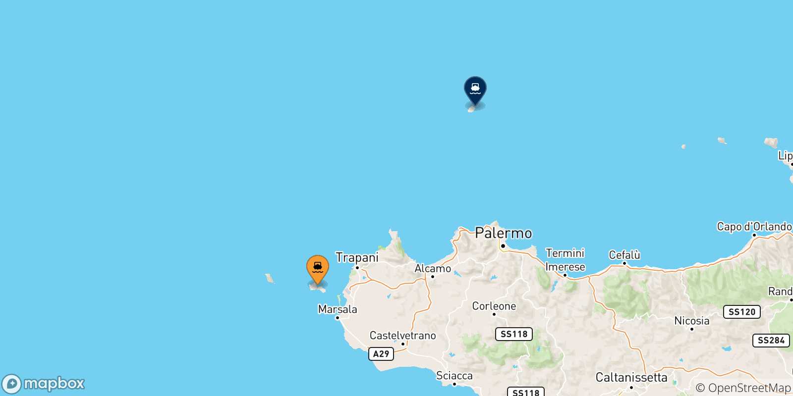 Mappa delle possibili rotte tra Favignana e l'Isola Di Ustica