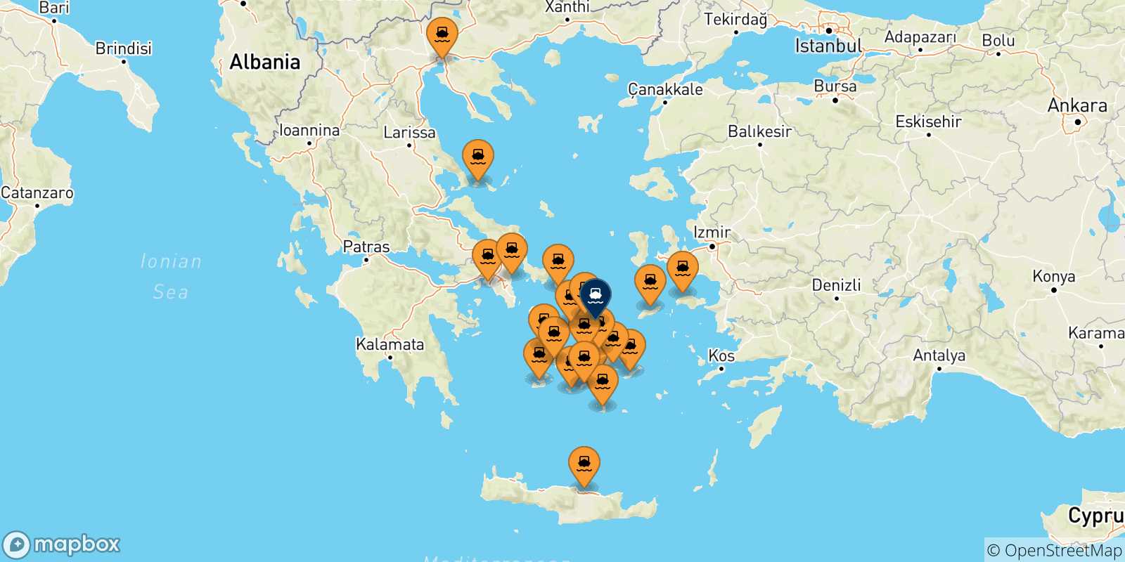 Mappa delle possibili rotte tra la Grecia e Mykonos