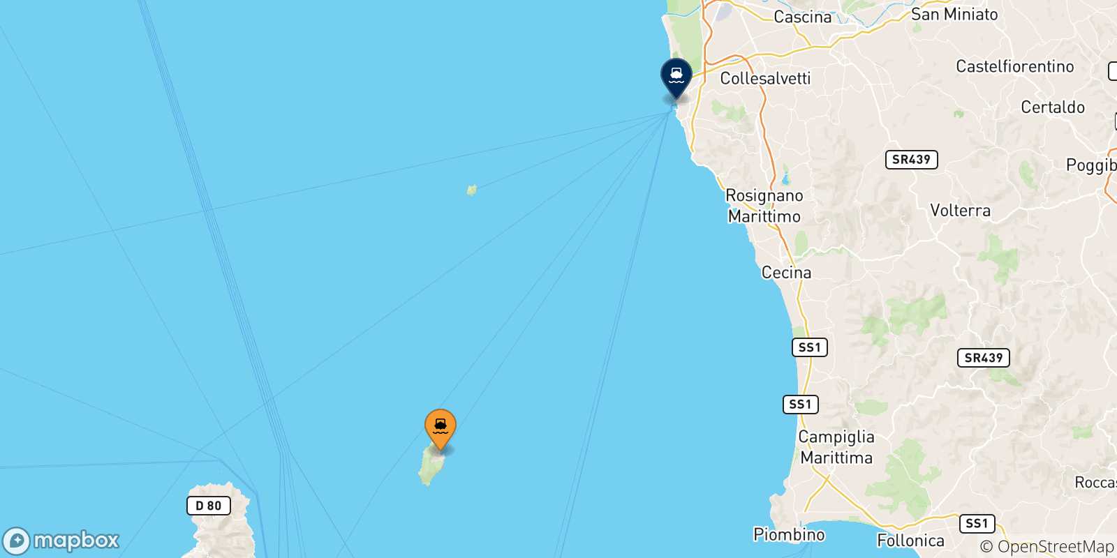 Mappa delle possibili rotte tra Capraia e l'Italia