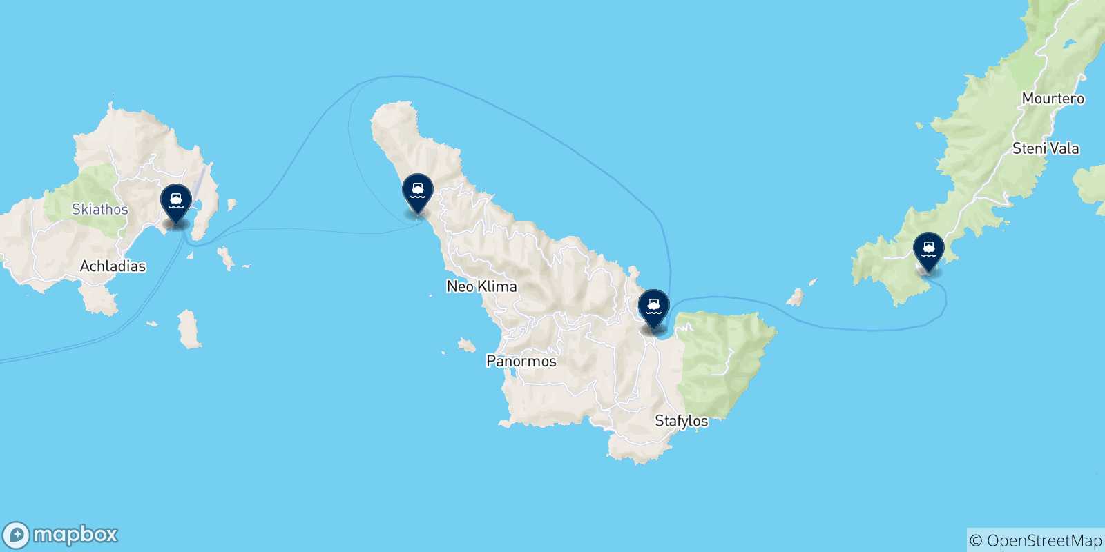 Mappa delle possibili rotte tra Skiathos e le Isole Sporadi