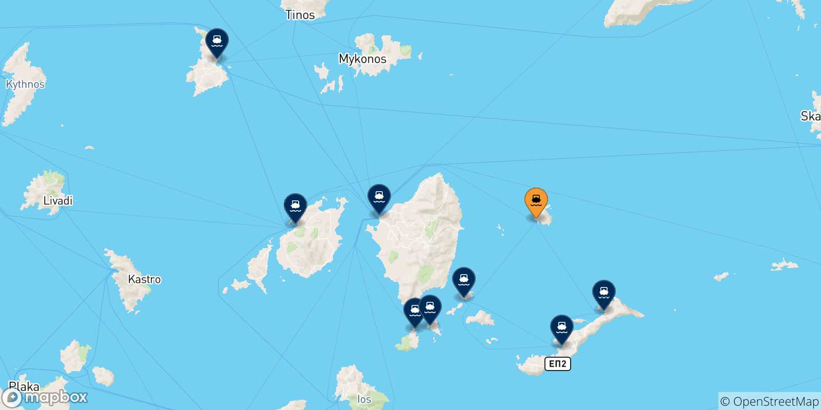 Mappa delle possibili rotte tra Donoussa e le Isole Cicladi