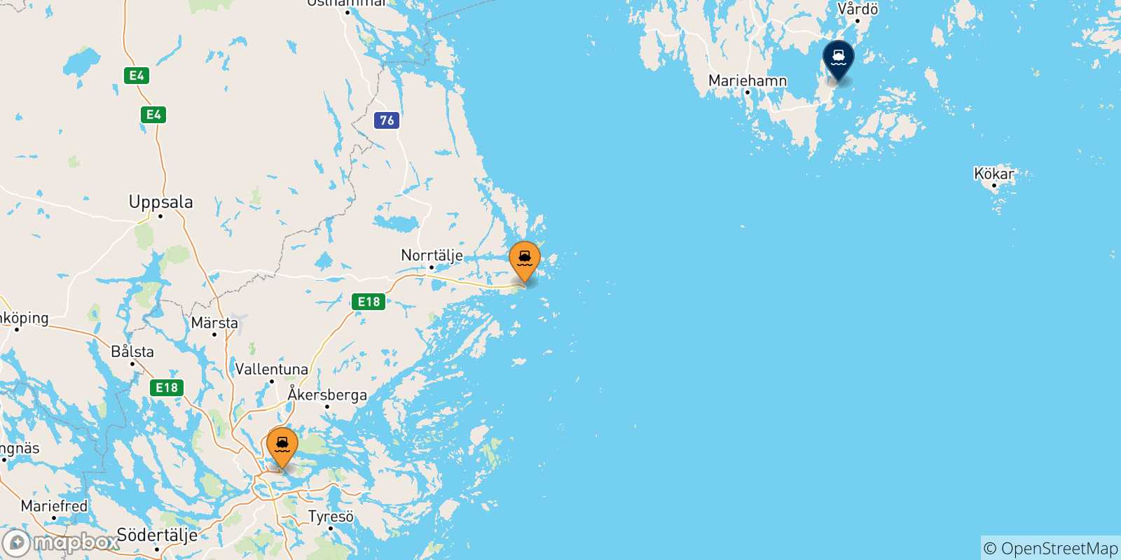Mappa delle possibili rotte tra la Svezia e Långnäs