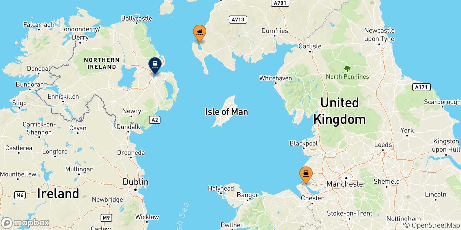 Mappa delle possibili rotte tra il Regno Unito e Belfast