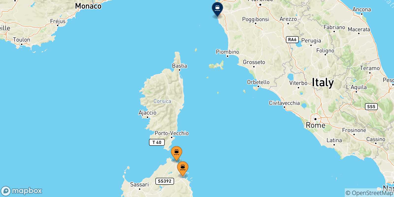 Mappa delle possibili rotte tra la Sardegna e Livorno