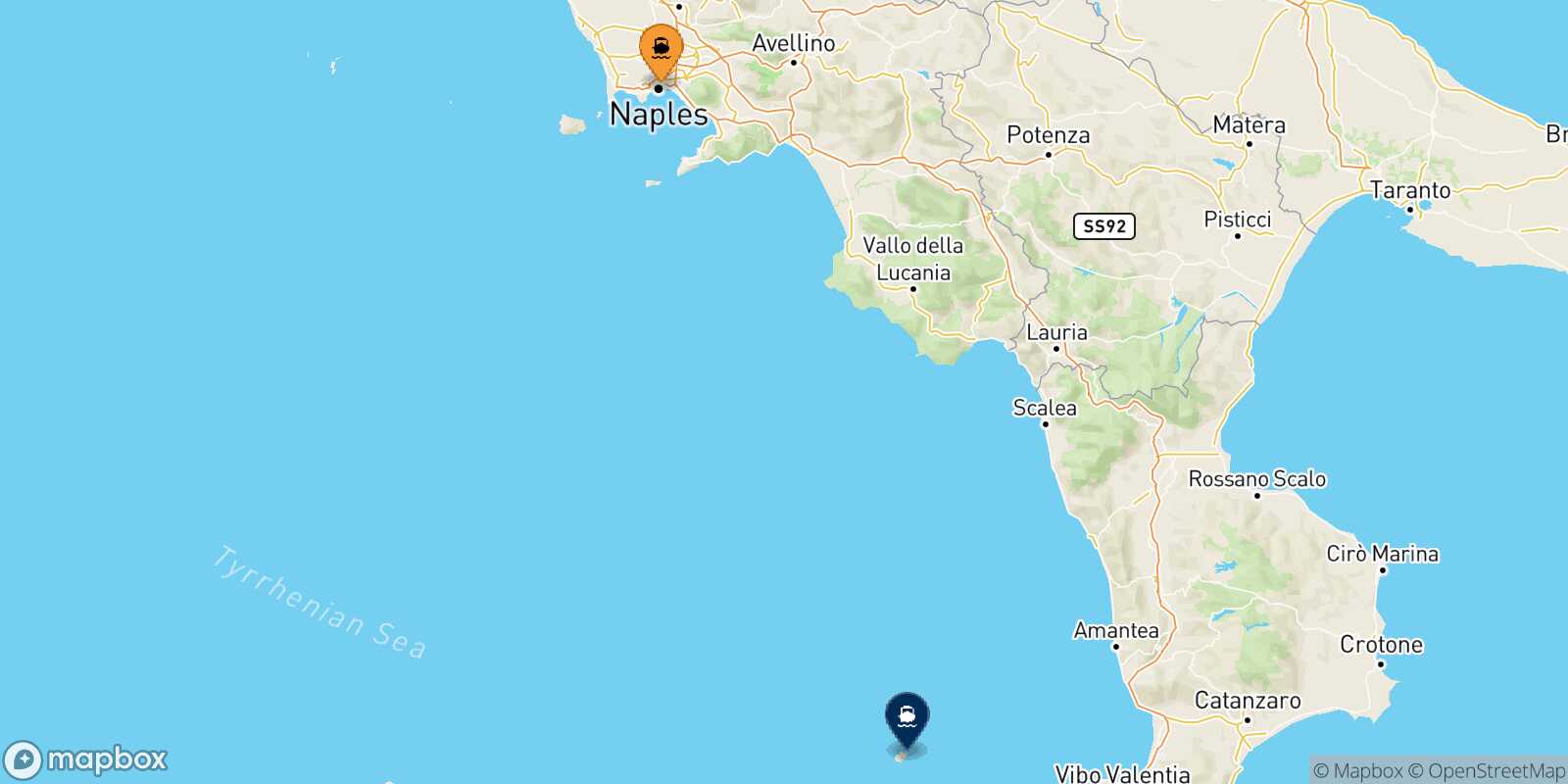 Mappa della rotta Napoli Stromboli