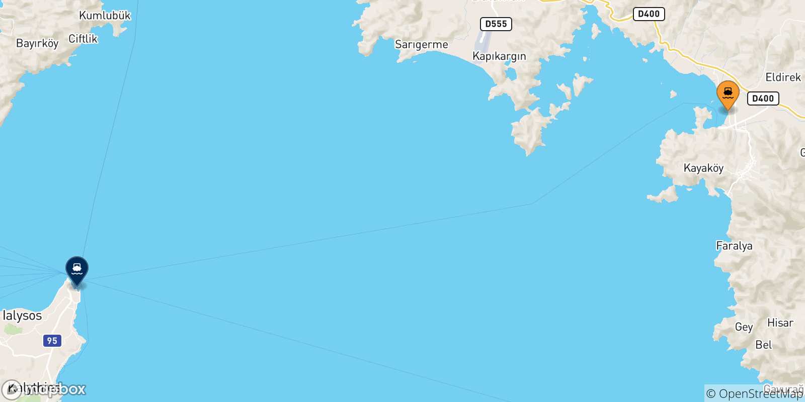 Mappa delle possibili rotte tra Fethiye e le Isole Dodecaneso