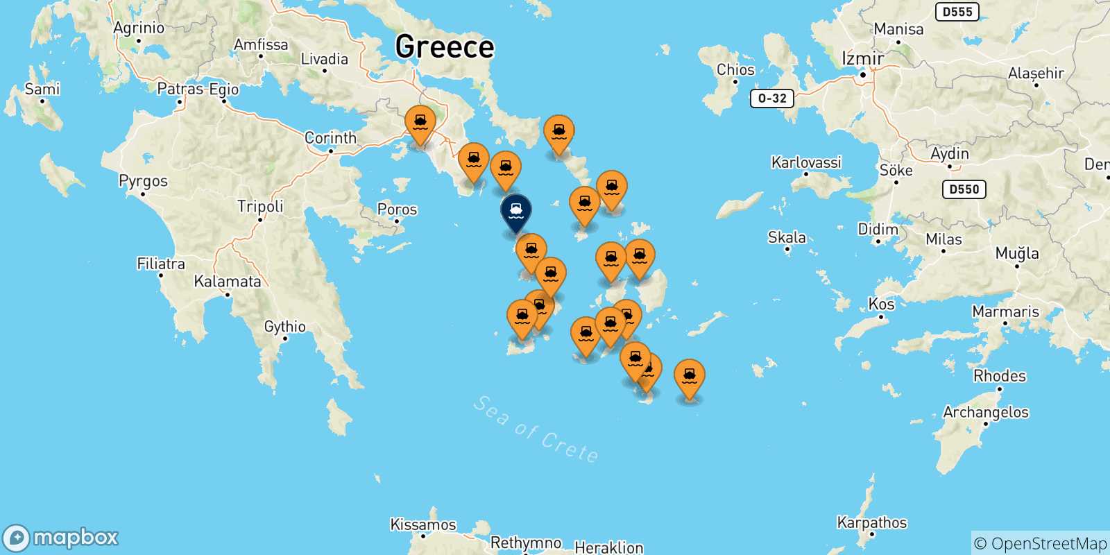 Mappa delle possibili rotte tra la Grecia e Kythnos