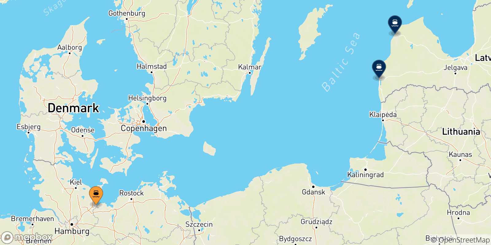 Mappa delle possibili rotte tra Travemünde e la Lettonia