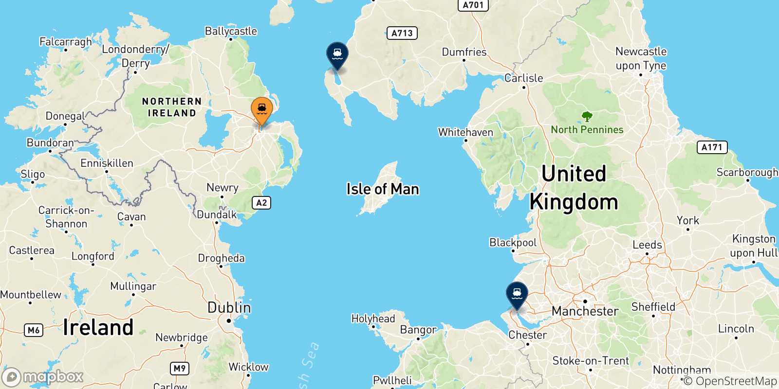 Mappa delle possibili rotte tra Belfast e il Regno Unito