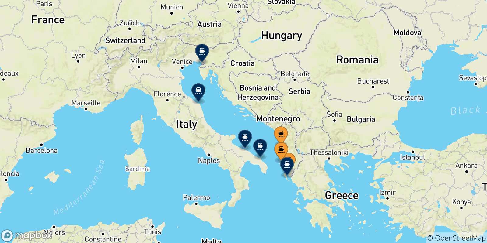 Mappa delle destinazioni raggiungibili dall' Albania