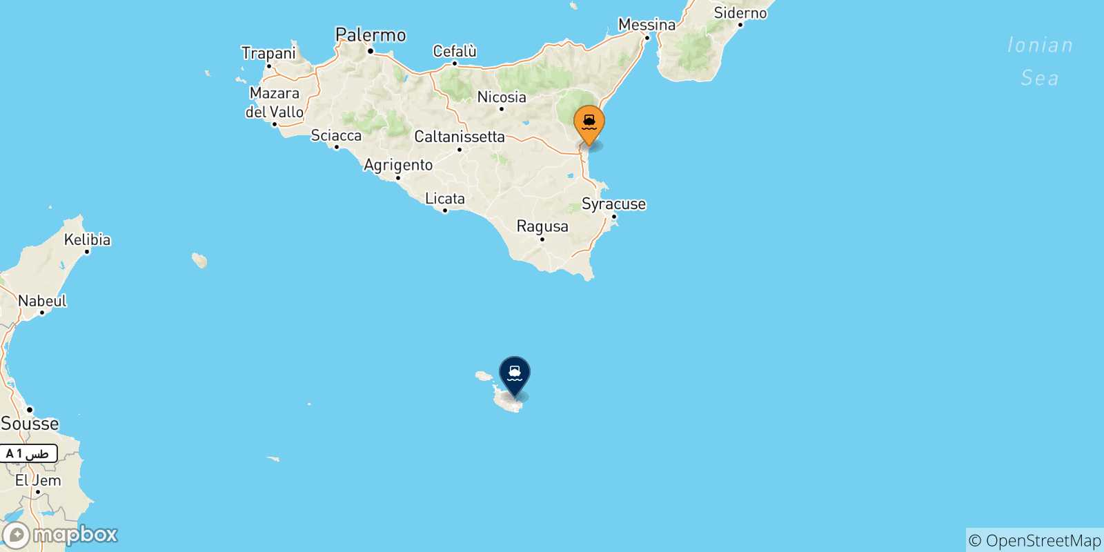 Mappa delle possibili rotte tra Catania e Malta