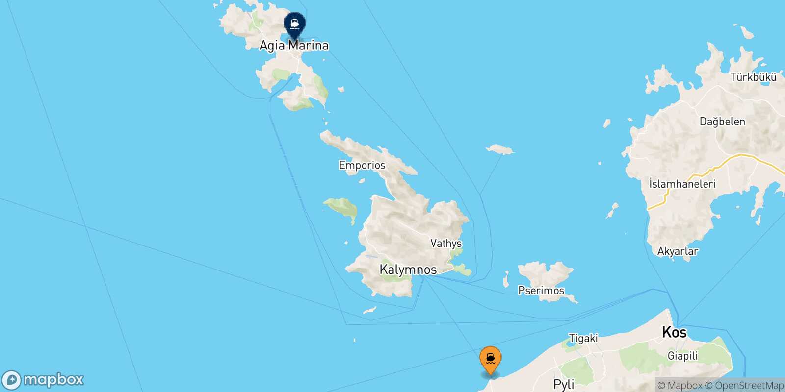 Mappa della rotta Mastihari (Kos) Agia Marina (Leros)