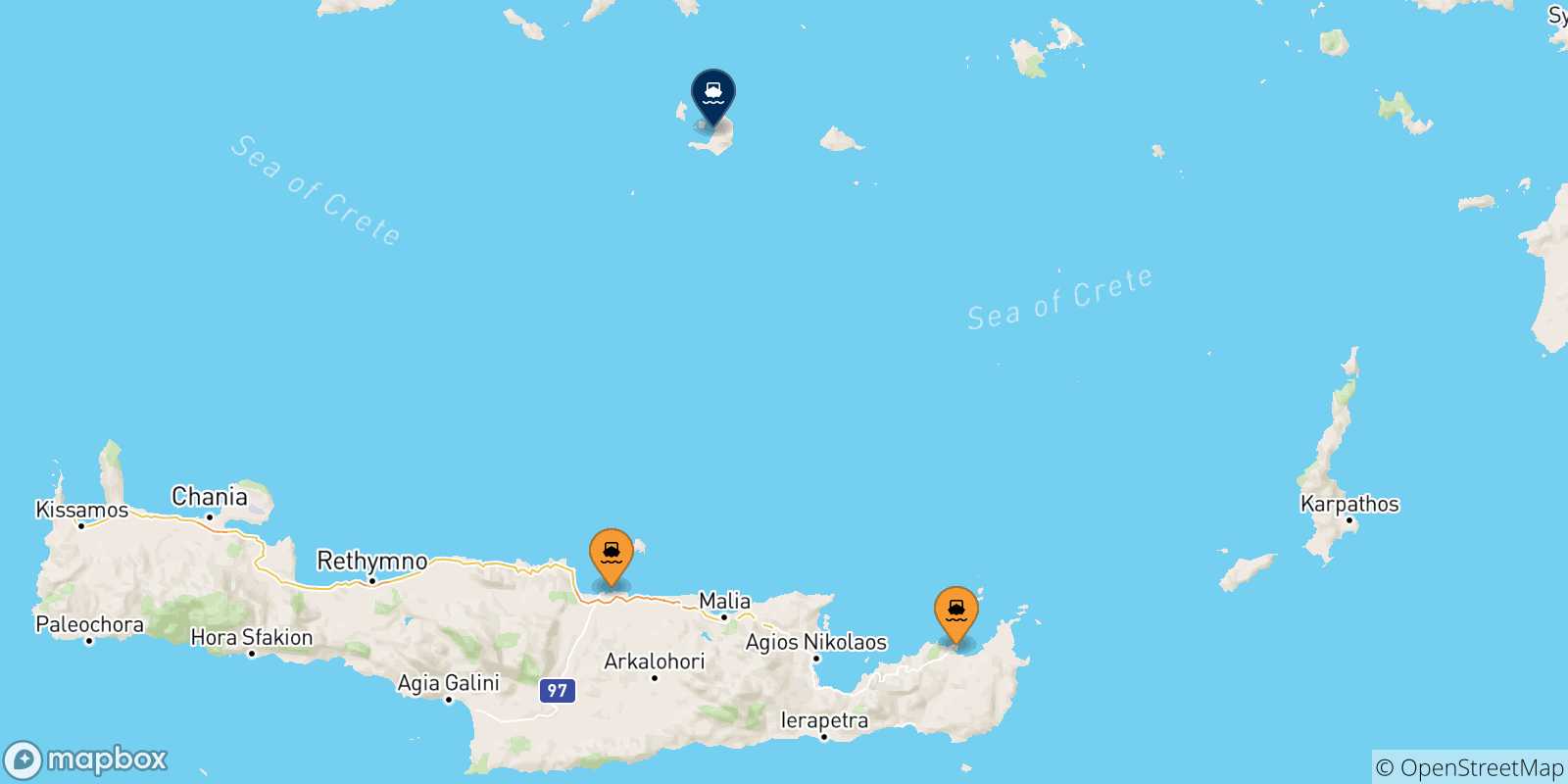 Mappa delle possibili rotte tra Creta e Santorini