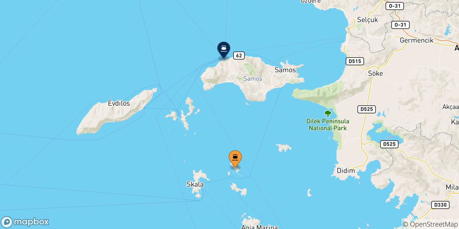 Mappa delle possibili rotte tra Arkyi e le Isole Egeo Nord Orientale
